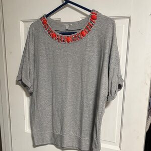 Halogen Gray Short-Sleeve Sweatshirt with Coral Beaded Neckline